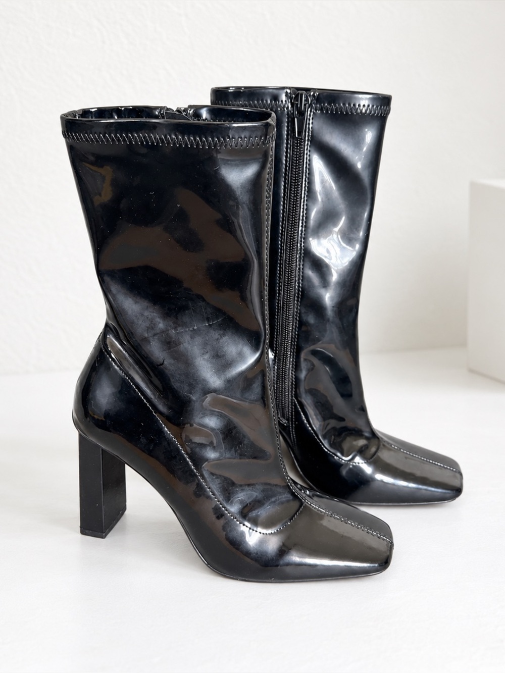 Women Black Patent Faux Leather Square Toe Block Heel Ankle Boots Size 7